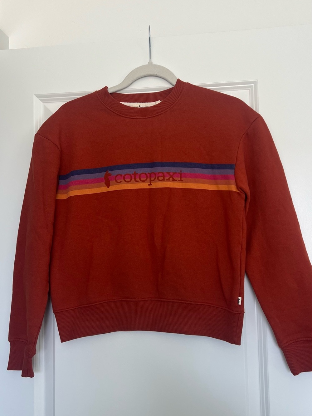 Cotopaxi Woman’s or kids Rust Crewneck Sweatshirt - Striped Logo, size xs